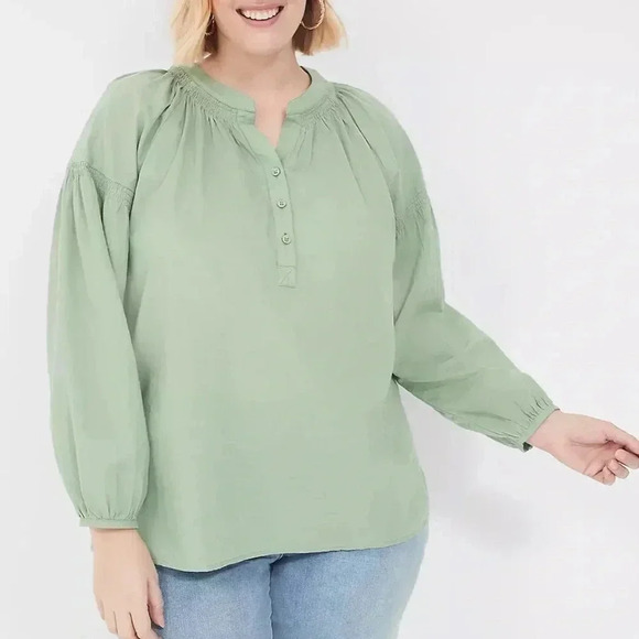 NWT Lane Bryant Sage Green Button Placket Bishop Long Sleeve Blouse Womens 16 - Picture 1 of 12